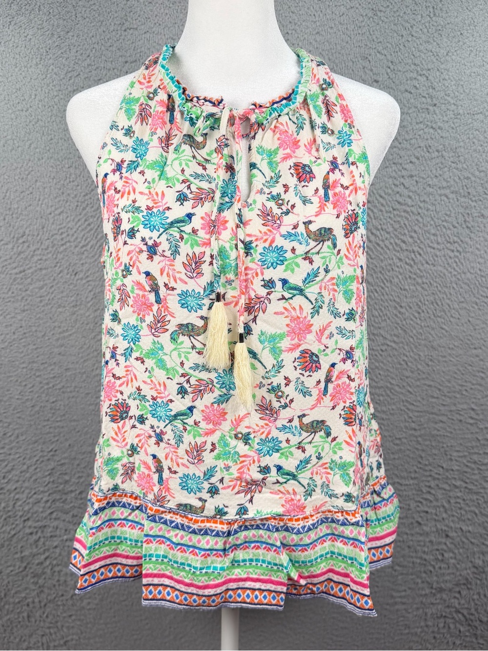 Rose and Olive Top Womens Small Floral Birds Sleeveless Front Tassel Rayon Boho